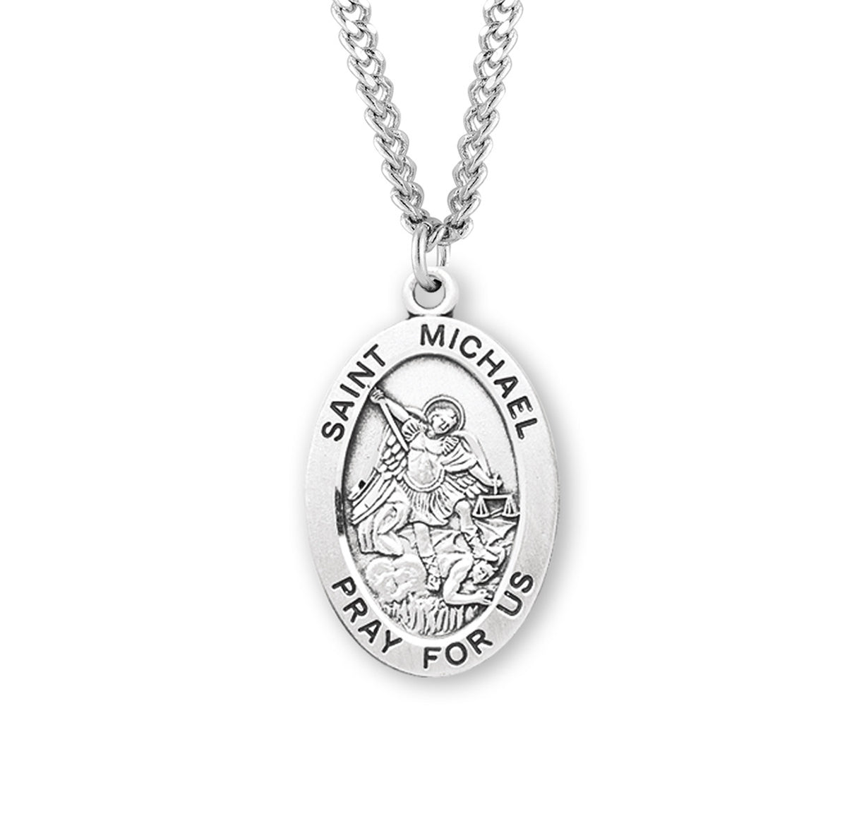 St Michael Necklace - Sterling Silver Oval Pendant On 20 Stainless Chain