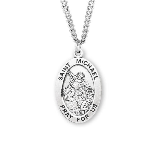 St Michael Necklace - Sterling Silver Oval Pendant On 20 Stainless Chain