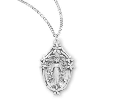 Miraculous Medal with Flowers Necklace - Sterling Silver Pendant On 18" Stainless Chain (S313118)