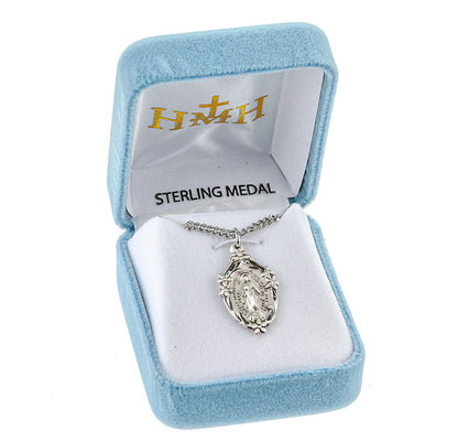 Miraculous Medal with Flowers Necklace - Sterling Silver Pendant On 18" Stainless Chain (S313118)