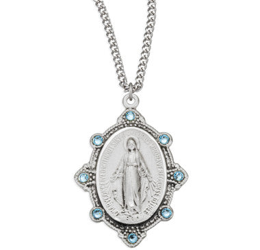 Miraculous Medal With Sapphires Necklace - Sterling Silver Pendant On 16" Stainless Chain (S3188LS18)