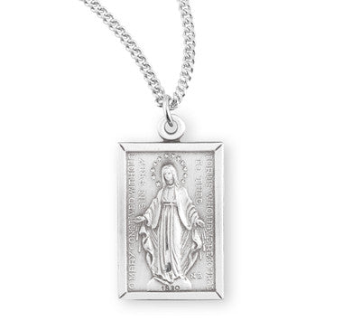 Rectangle Miraculous Medal Necklace - Sterling Silver Pendant On 18" Stainless Chain (S319718)