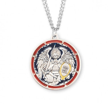 Multicolor St. Michael Necklace - Round Sterling Silver Pendant on 24" Stainless Chain (S340724)