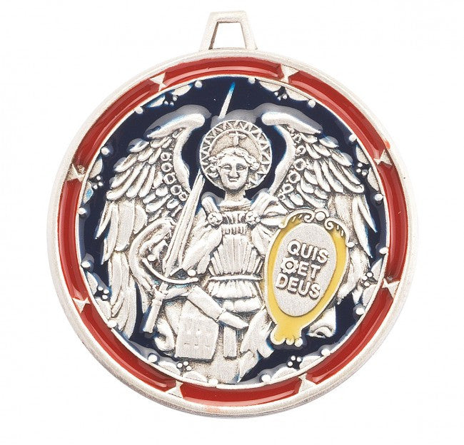 Multicolor St. Michael Necklace - Round Sterling Silver Pendant on 24" Stainless Chain (S340724)