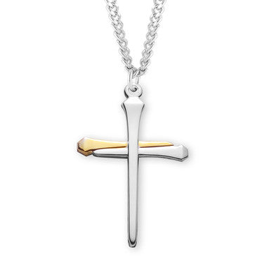 Men's 3 Nail Cross Necklace - Sterling Silver & Gold Plated Pendant on 24" Stainless Chain (S3713TT24)