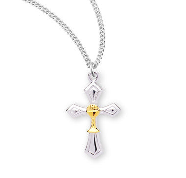 Chalice Cross Necklace - Two Tone Sterling Silver Pendant On 18" Stainless Chain (S3765TT18)