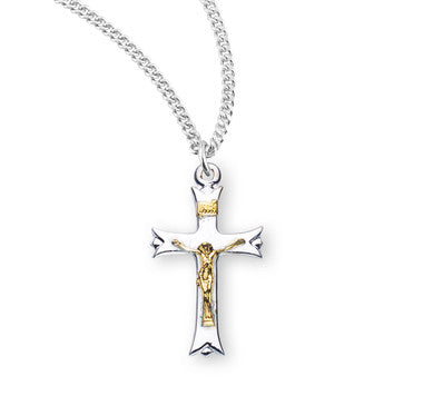 Two Toned Notched Flare Tipped Crucifix Necklace - Sterling Silver Pendant On 24" Stainless Steel Chain (S3807TT18)