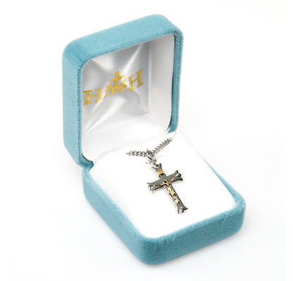 Two Toned Notched Flare Tipped Crucifix Necklace - Sterling Silver Pendant On 24" Stainless Steel Chain (S3807TT18)