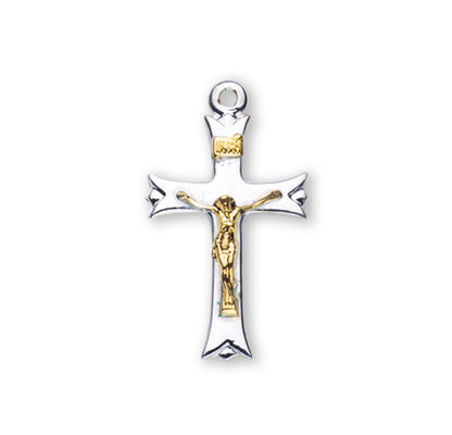 Two Toned Notched Flare Tipped Crucifix Necklace - Sterling Silver Pendant On 24" Stainless Steel Chain (S3807TT18)