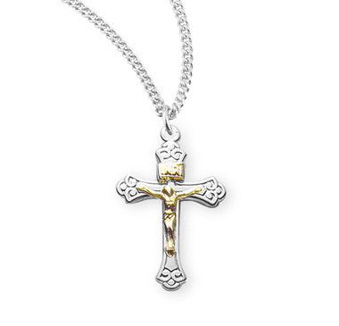 Two Tone Tapered Crucifix Necklace - Sterling Silver Pendant on 18" Stainless Chain (S3859TT18)