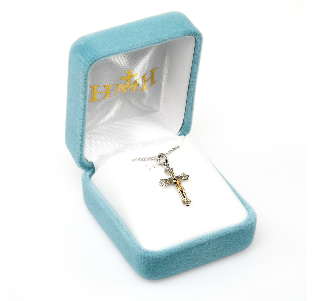 Two Tone Tapered Crucifix Necklace - Sterling Silver Pendant on 18" Stainless Chain (S3859TT18)