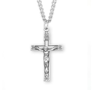 Swirl End Crucifix Necklace - Sterling Silver Pendant on 24" Stainless Chain (S386324)