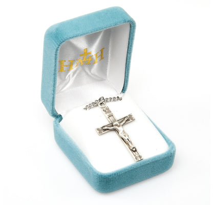 Swirl End Crucifix Necklace - Sterling Silver Pendant on 24" Stainless Chain (S386324)