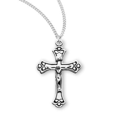 Swirl Tip Black Crucifix Necklace - Sterling Silver Pendant On 18" Stainless Steel Chain (S3894BK18)