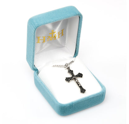Swirl Tip Black Crucifix Necklace - Sterling Silver Pendant On 18" Stainless Steel Chain (S3894BK18)