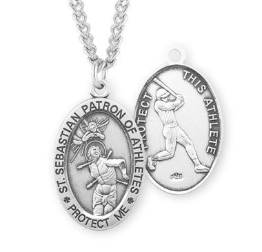 St. Sebastian Patron of Athletes Baseball Necklace - Sterling Silver Oval Pendant (S604124)
