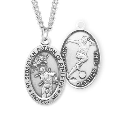 St. Sebastian Soccer Necklace - Sterling Silver Oval Pendant on 24" Stainless Chain (S604324)