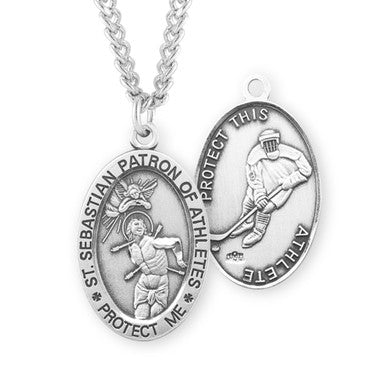 St. Sebastian Hockey Necklace - Sterling Silver Oval Pendant on 24" Stainless Chain (S604524)