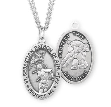 St. Sebastian Wrestling Necklace - Sterling Silver Oval Pendant on 24" Stainless Chain (S605124)