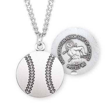 St. Sebastian Baseball Necklace - Sterling Silver Round Pendant on 24" Stainless Chain (S704124)