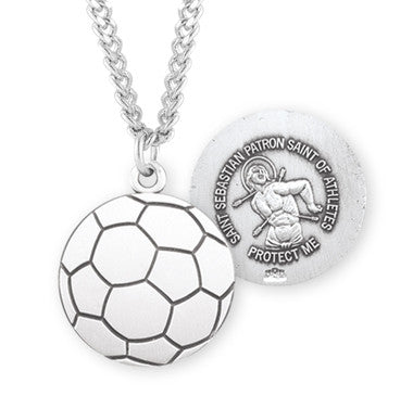 St. Sebastian Soccer Ball Necklace - Sterling Silver Round Pendant on 24" Stainless Chain (S704324)