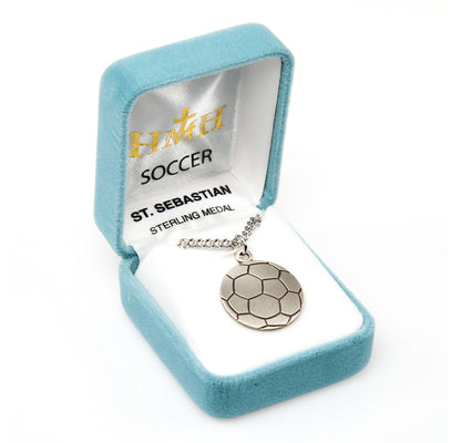 St. Sebastian Soccer Ball Necklace - Sterling Silver Round Pendant on 24" Stainless Chain (S704324)