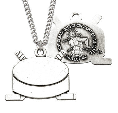 St. Sebastian Hockey Puck & Sticks Necklace - Sterling Silver Pendant on 24" Stainless Chain (S704524)