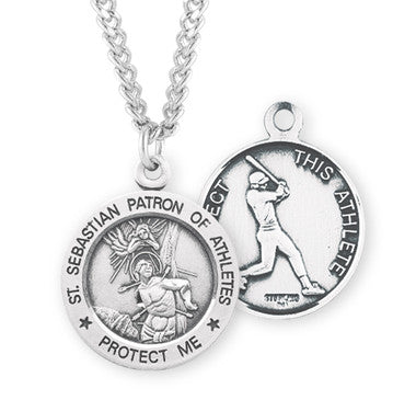 St. Sebastian Baseball Necklace - Sterling Silver Round Pendant on 24" Stainless Chain (S904124)