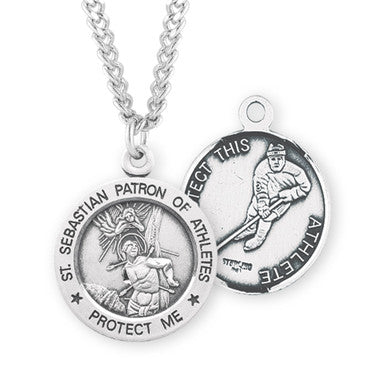 St. Sebastian Hockey Necklace - Sterling Silver Round Pendant on 24" Stainless Chain (S904524)