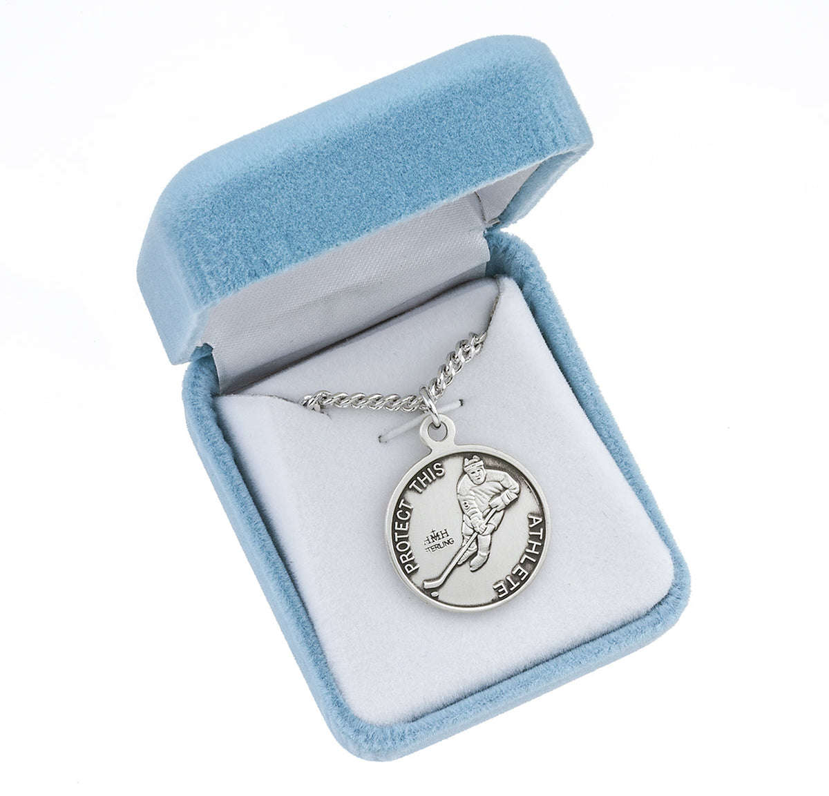 St. Sebastian Hockey Necklace - Sterling Silver Round Pendant on 24" Stainless Chain (S904524)