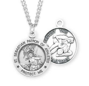 St. Sebastian Wrestling Necklace - Sterling Silver Round Pendant on 24" Stainless Chain (S905124)