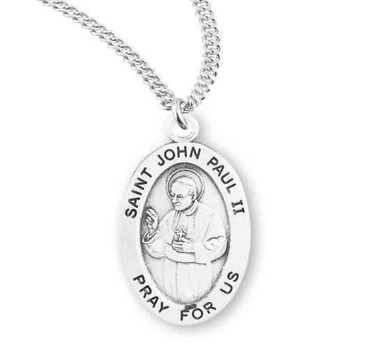 St. John Paul II Necklace - Sterling Silver Oval Pendant on 20" Stainless Chain