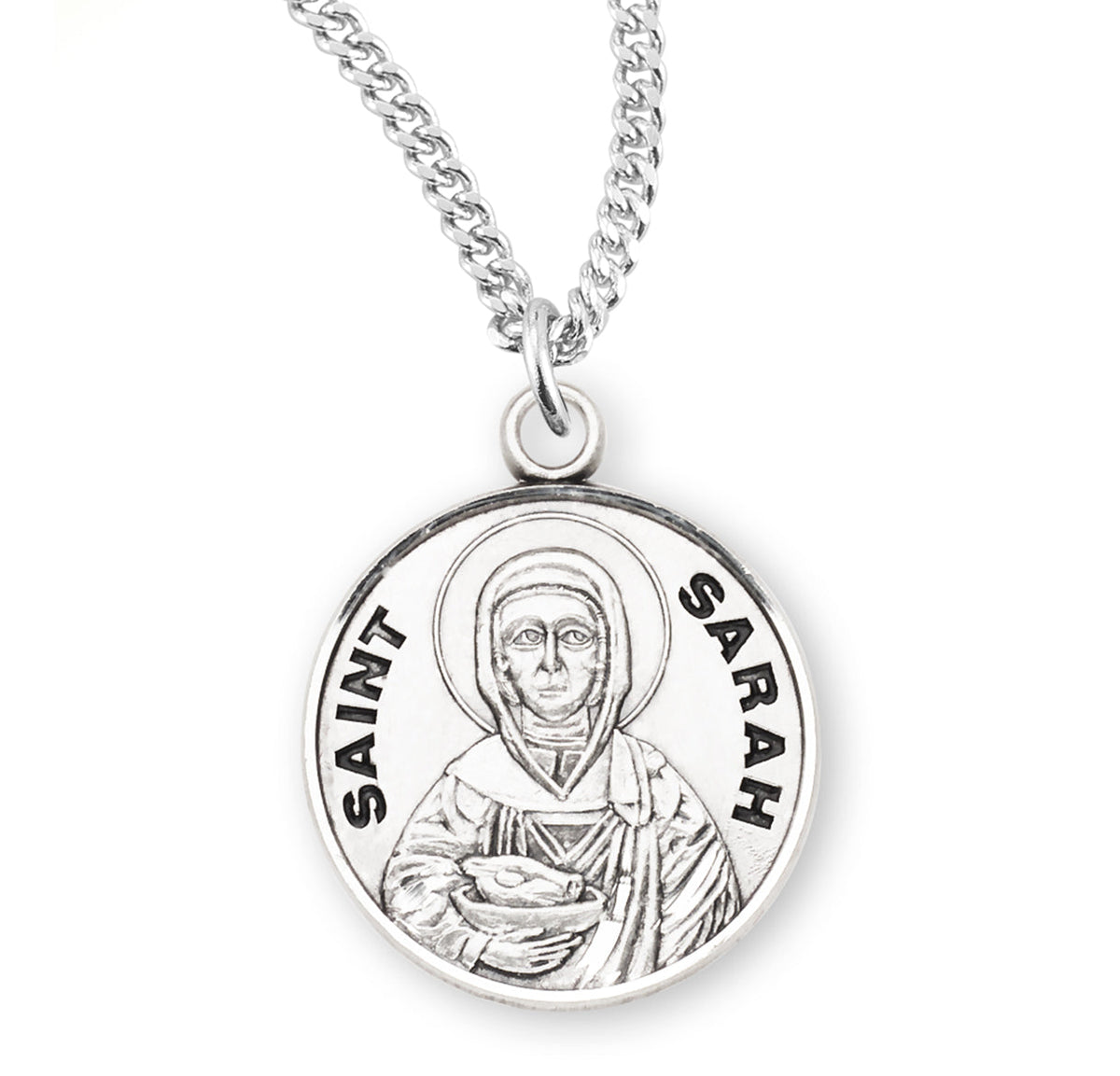 St. Sarah Necklace - Sterling Silver 0.7" Round Pendant On 18" Stainless Chain