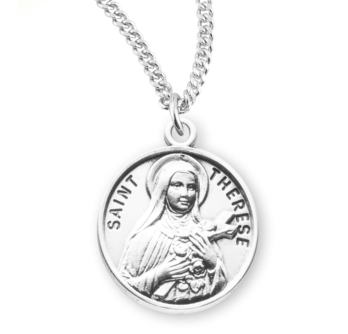 St. Therese Necklace - Sterling Silver 0.7" Round Pendant On 18" Stainless Chain