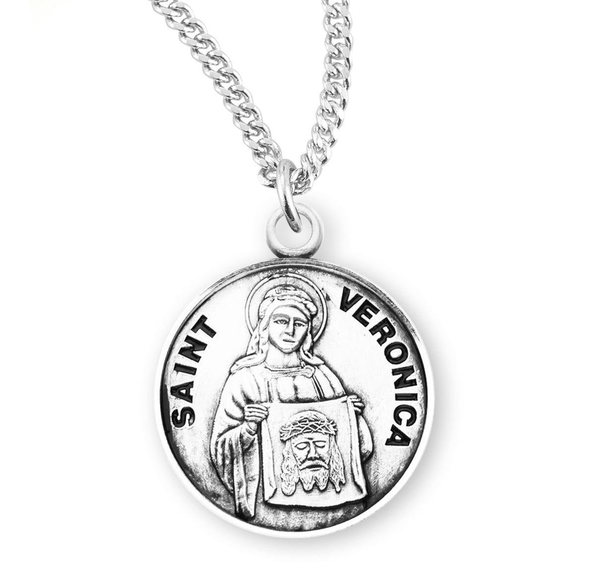 St. Veronica Necklace - Sterling Silver 0.7" Round Pendant On 18" Stainless Chain