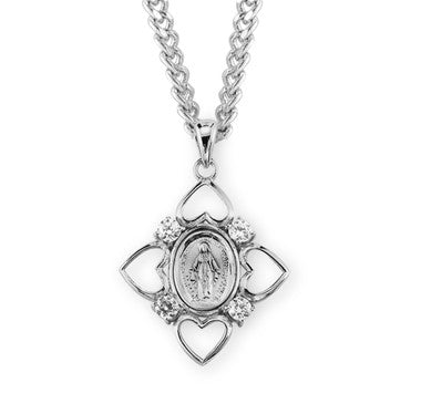4 Hearts Miraculous Medal Necklace - Sterling Silver Pendant On 24" Stainless Chain (Z3144CR24)