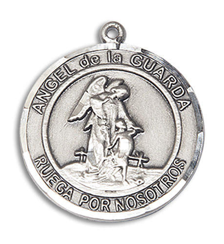 Angel De La Guardia Medal - Sterling Silver Round Pendant 2 Sizes