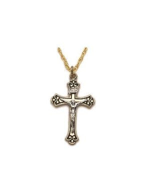 Antiqued 2-Tone Crucifix Necklace - Gold-Filled Pendant on 18" Gold-Plated Chain (SX7885GH)