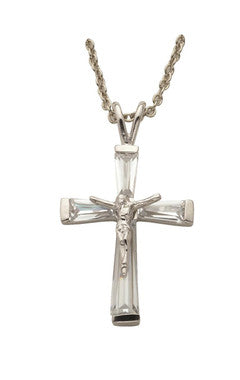 April Birthstone Crucifix Necklace - Sterling Silver Pendant on 18" Stainless Steel Chain (SX9300SH)