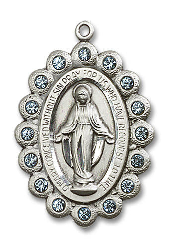 Aqua Bead Encrusted Miraculous Medal - Sterling Silver Oval Pendant 2 Sizes