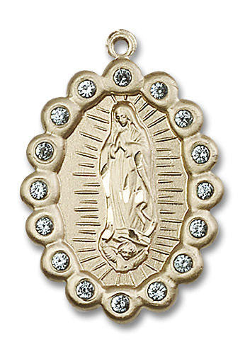 Aqua Bead Encrusted Our Lady of Guadalupe Medal - 14kt Gold Pendant 2 Sizes