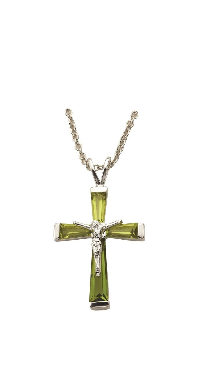 August Birthstone Crucifix Necklace - Sterling Silver Pendant on 18 Stainless Steel Chain SX9304SH