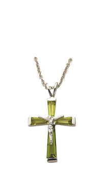 August Birthstone Crucifix Necklace - Sterling Silver Pendant on 18" Stainless Steel Chain (SX9304SH)