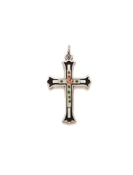 Black Border Cloisonne Cross Necklace - Sterling Silver Pendant on 18" Stainless Chain (SX8416SH)