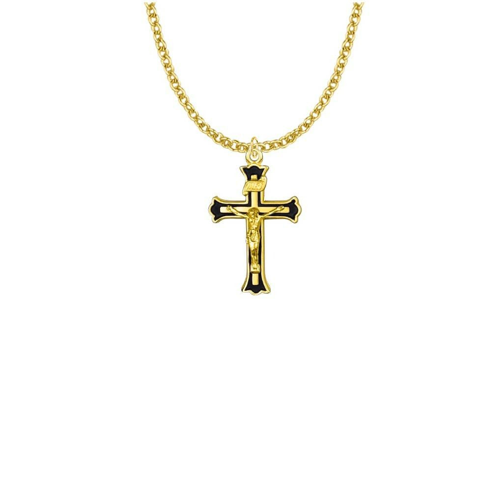 Black Border Crucifix Necklace - 24KT Gold Over Sterling Silver Pendant On 18 Gold Plated Chain SX8129VH