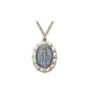 Blue Decorative Miraculous Medal Necklace - Sterling Silver Pendants on 18 Stainless Chain SM8037SH