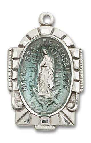 Blue Embellished Large Our Lady of Guadalupe Medal - Sterling Silver 1 x 5/8 Pendant 2080ESS
