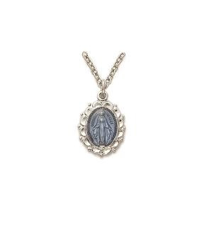Blue Filagree Miraculous Medal Necklace - Sterling Silver Pendant on 18" Stainless Chain (SM8036SH)