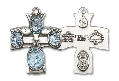 Blue Inlay 5-Way Confirmation Medal - Sterling Silver 3/4" x 5/8" Pendant (0049ESS)