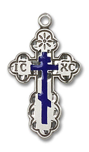 Blue Inlay St Olga Cross Pendant - Sterling Silver 7/8 x 1/2 0256ESS